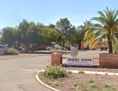 A sign for Desert Winds Apartments is in front of a palm tree.