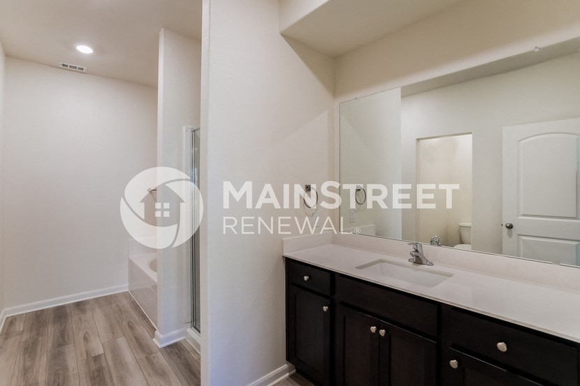 a bathroom with a sink and a mirror and a shower