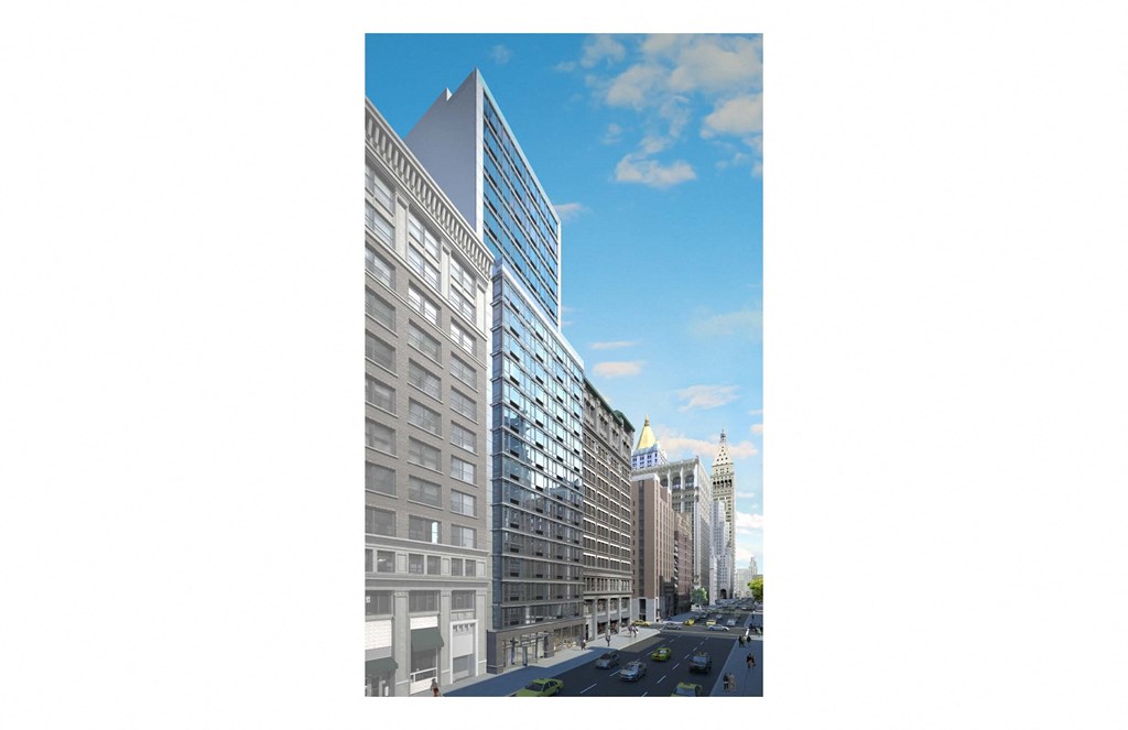 a rendering of a tall building on a city street