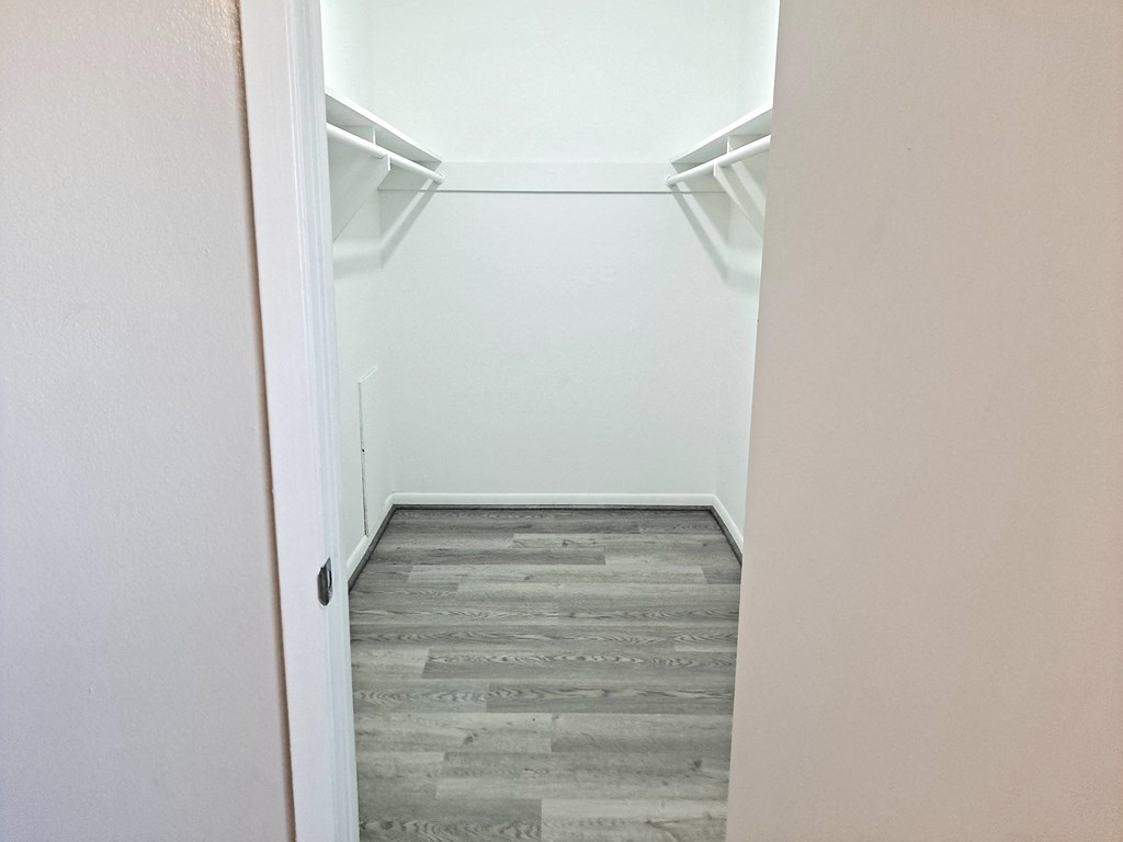 an empty closet with white walls and a wood floor