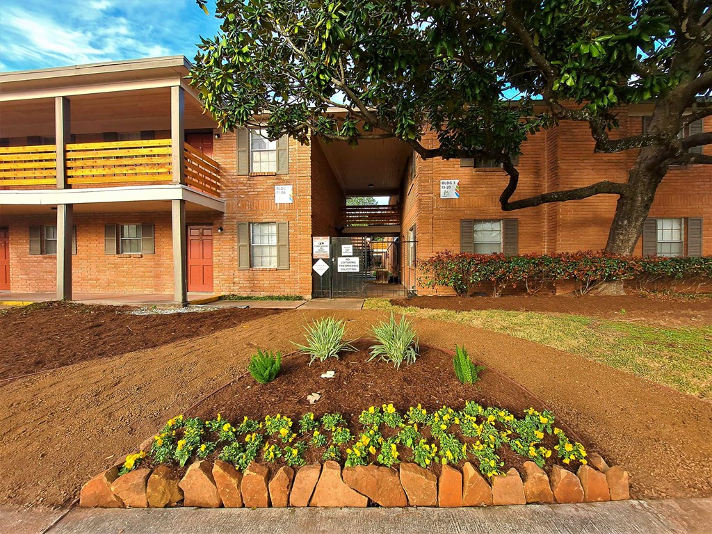 a garden in front of a building with a tree