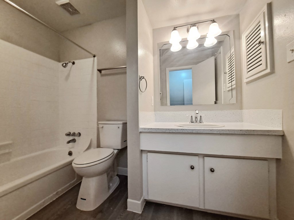 a bathroom with a toilet sink and shower and a mirror