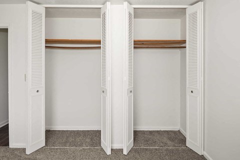 A white closet with a carpeted floor and two shelves.