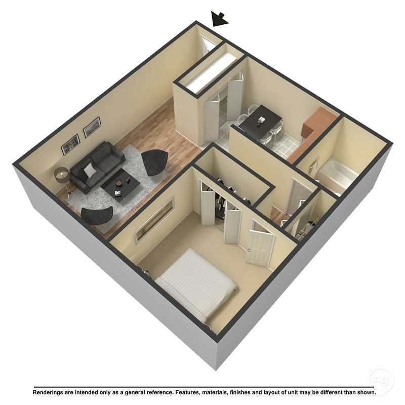 A 3D floor plan of a small apartment with a kitchen, living room, and bedroom.
