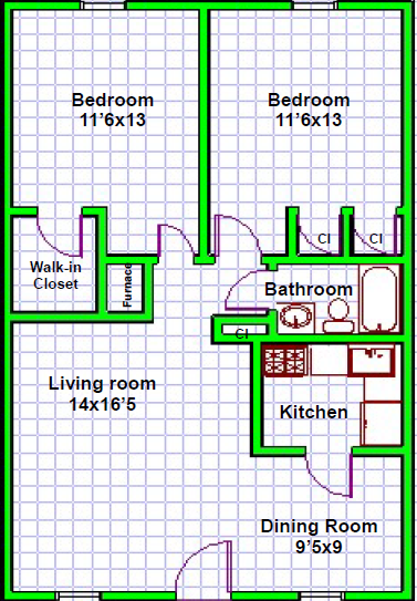 A floor plan of a house with two bedrooms, a living room, a dining room, a kitchen, and a bathroom.