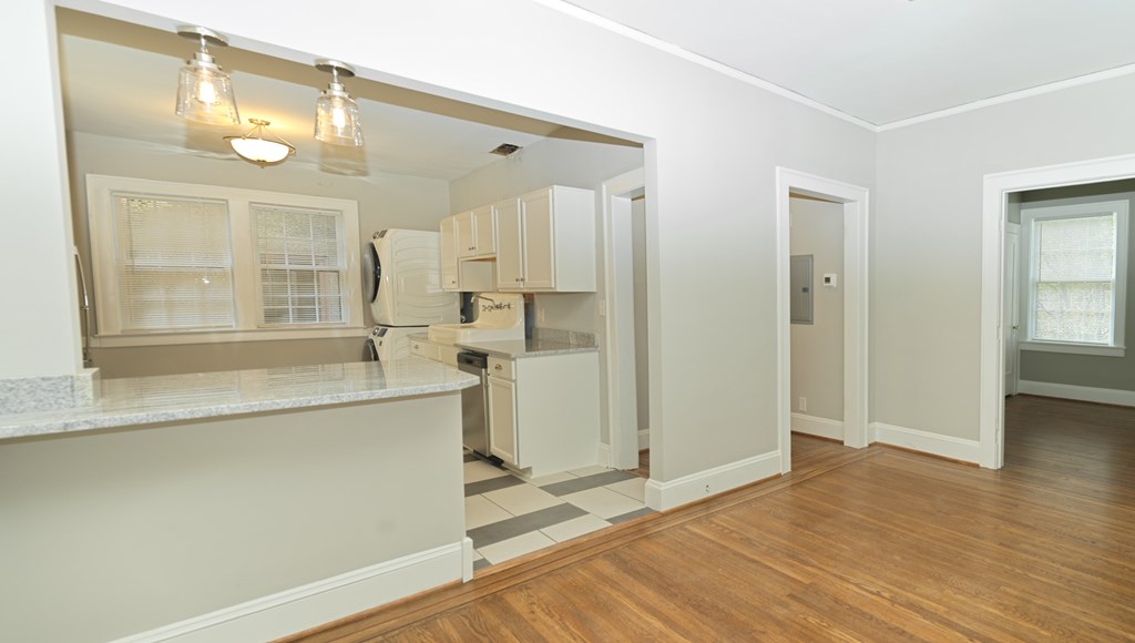 A kitchen area with a counter and cabinets.