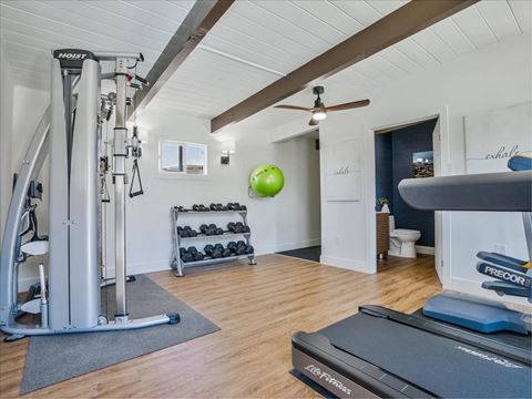 a home gym with exercise equipment and a green ball in the corner