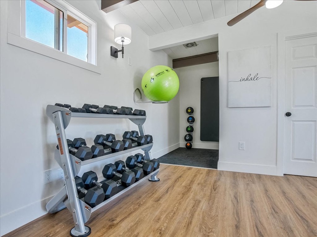 a home gym with weights and a green ball on the wall