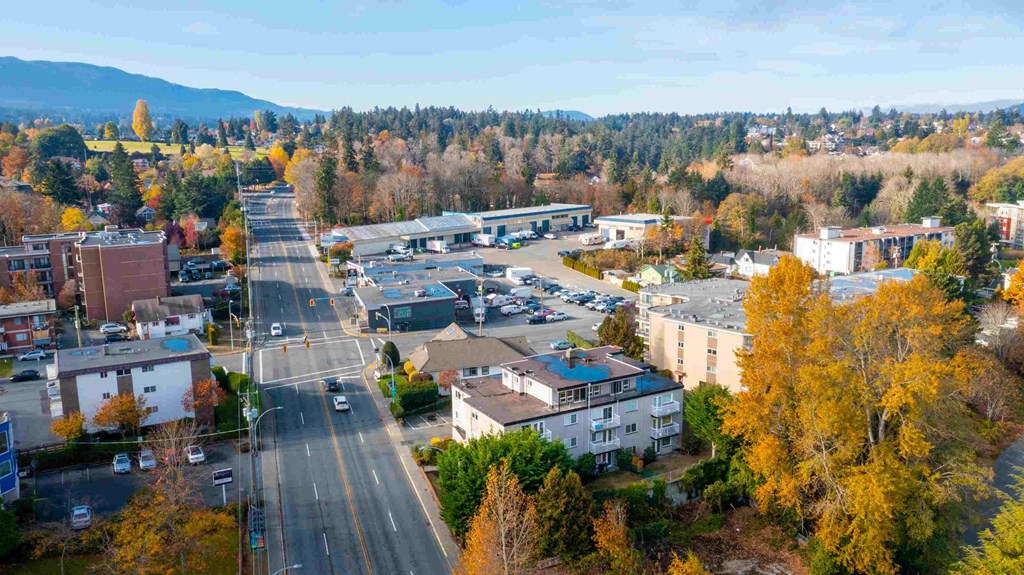 an aerial view of a city with a highway and trees