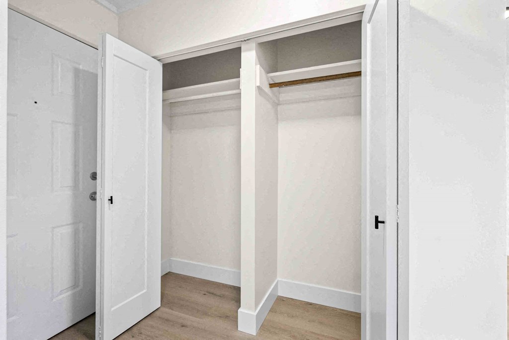 a room with two closets with doors and a wood floor