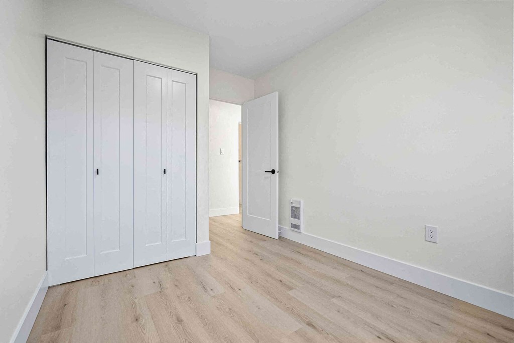 a bedroom with two closets and a wood floor