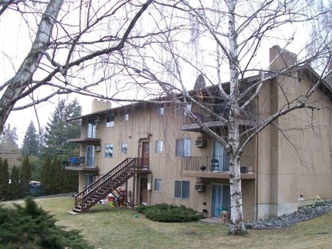 Apartment building with a tree in front.
