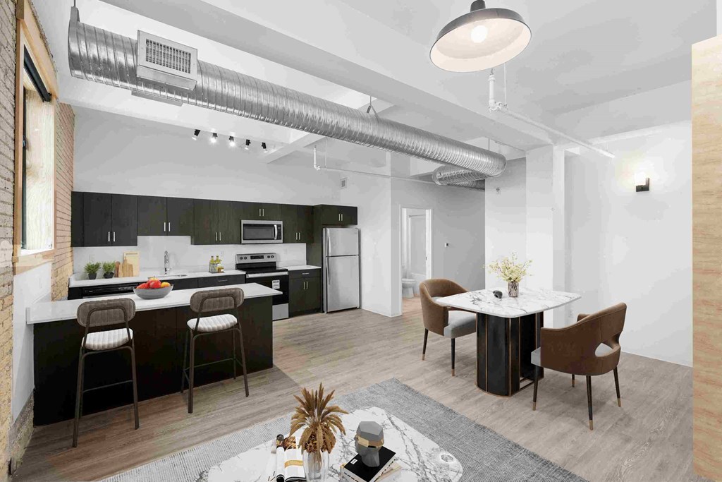 a rendering of a kitchen and dining room in an apartment