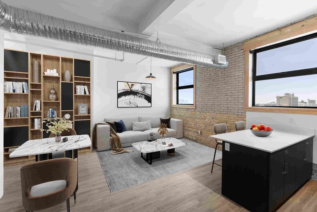a rendering of a living room and dining room in a loft