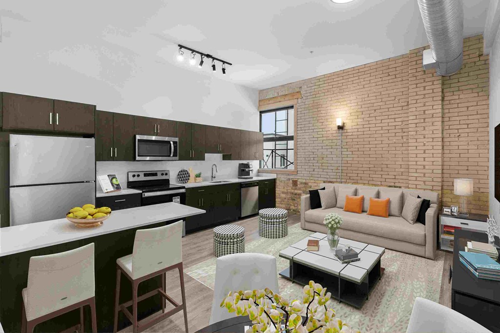 a rendering of a living room and kitchen in an apartment