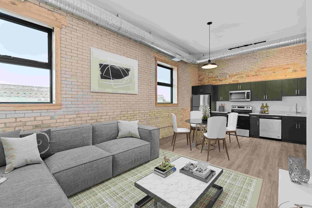 a rendering of a living room with a couch and a table