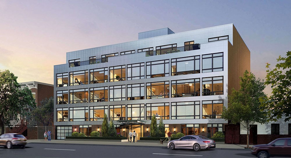 a rendering of an apartment building on a city street