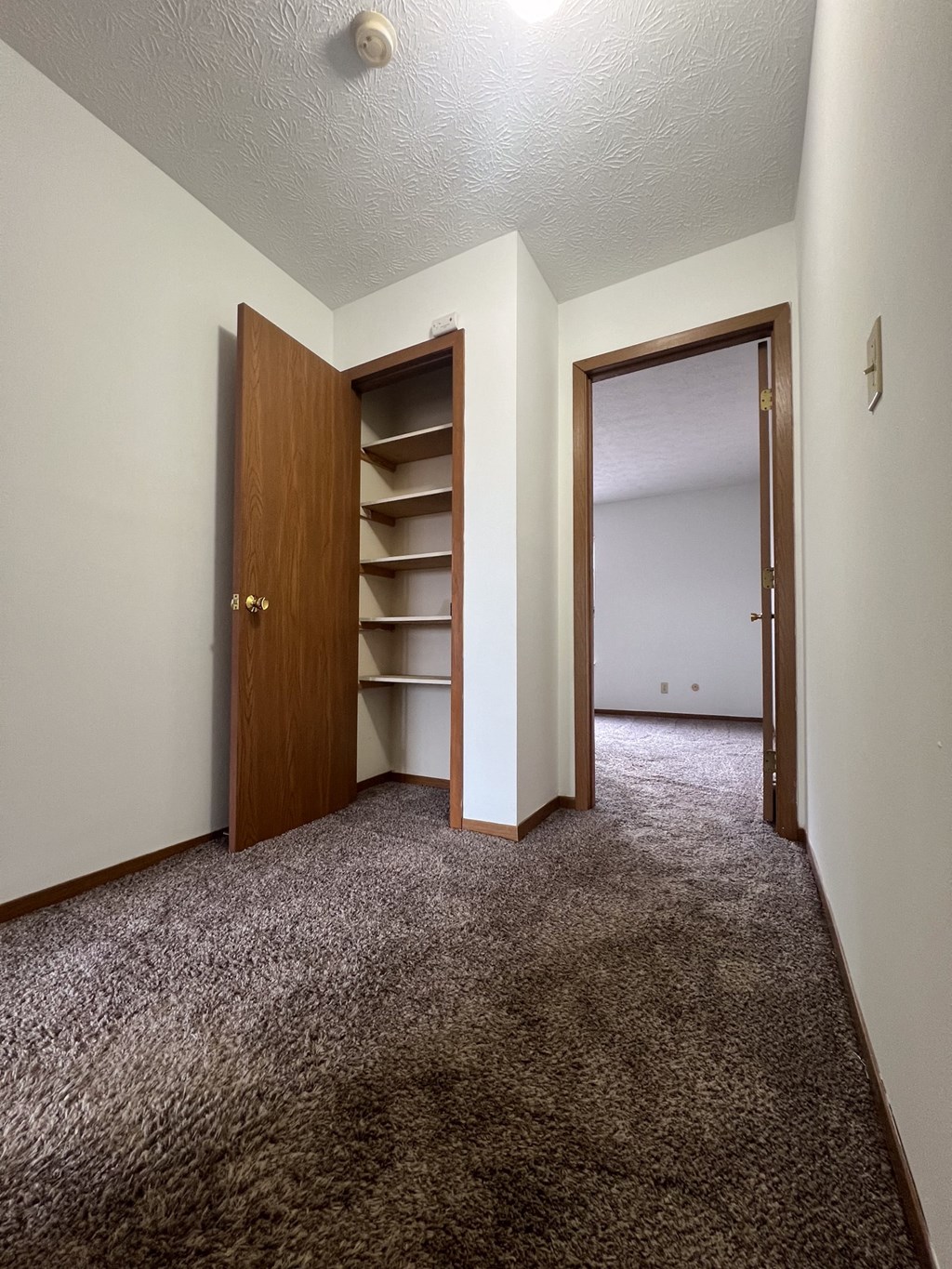 an empty bedroom with a closet and a door to a closet
