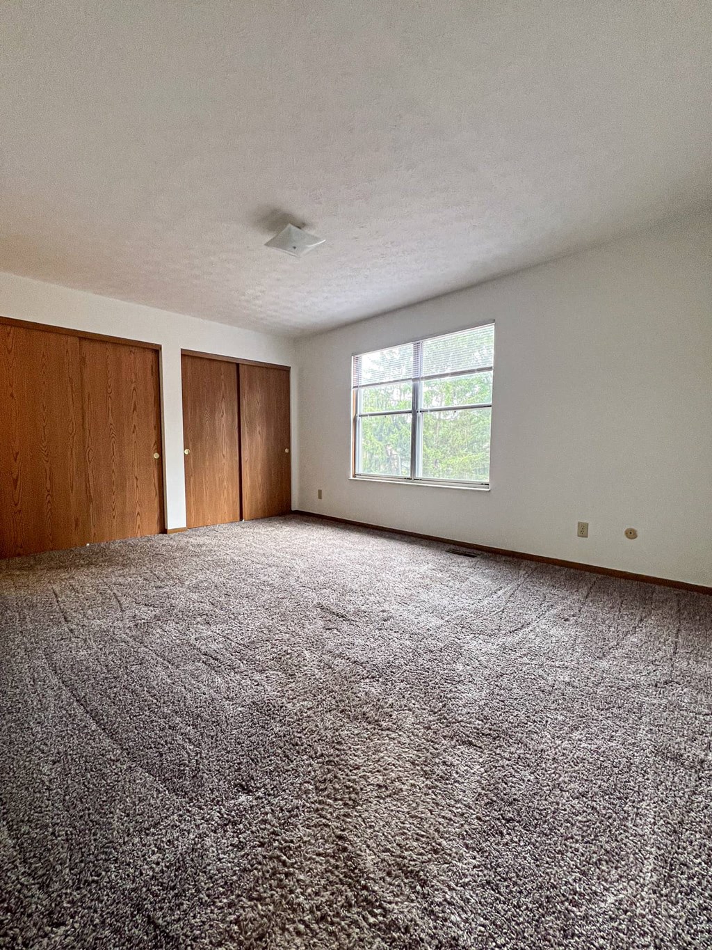 an empty living room with carpet and a window