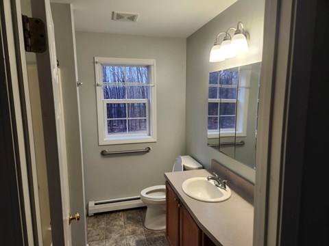 A bathroom with a toilet, sink, and mirror.