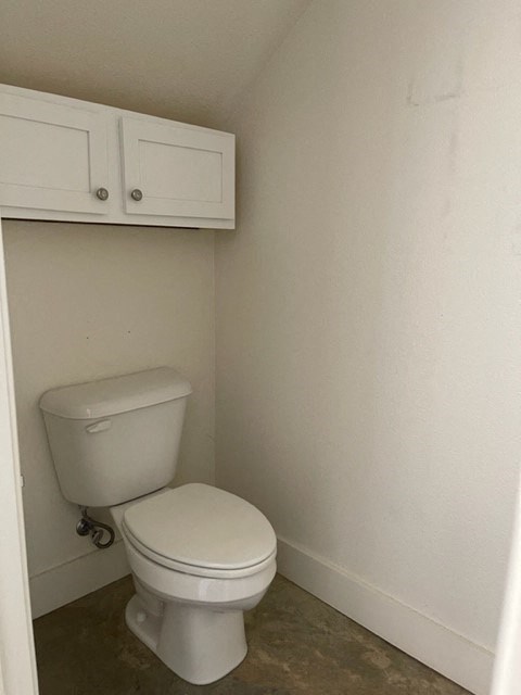 a bathroom with a toilet and a white cabinet