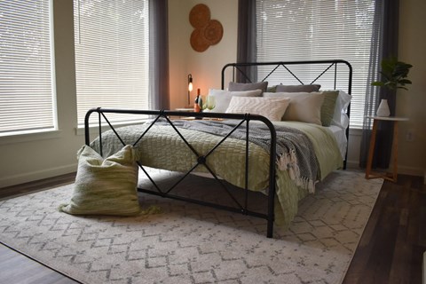 a bedroom with a bed and a rug and two windows