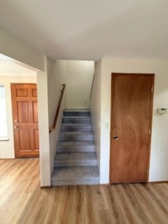 A hallway with a staircase and two doors.