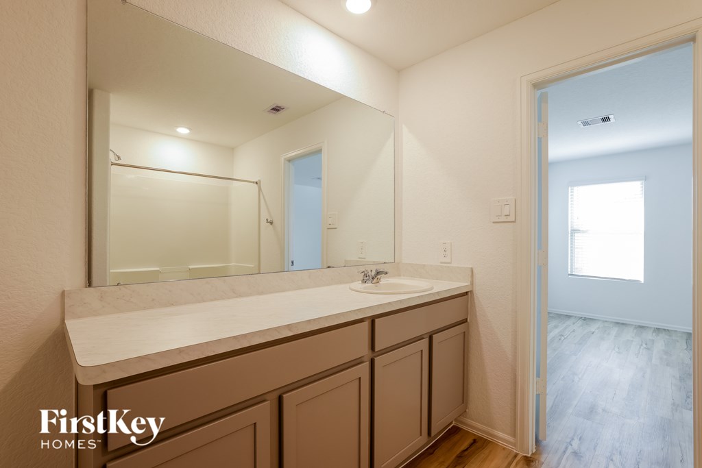 A bathroom with a sink and a mirror.
