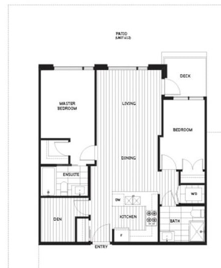A black and white floor plan of a house with a master bedroom, living room, dining room, kitchen, and bathroom.