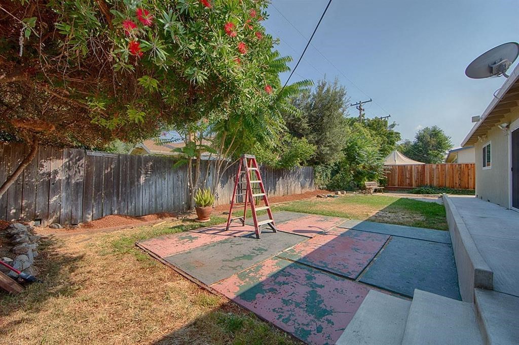 a ladder in the backyard of a house