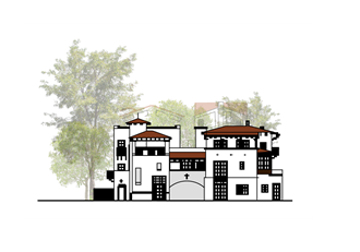 an illustration of a building with trees behind it