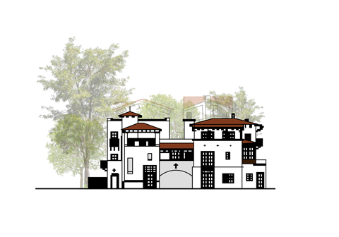 an illustration of a building with trees behind it