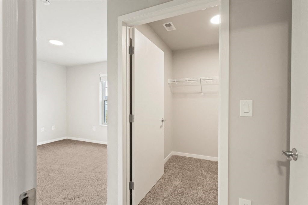 a bedroom with a closet and a door to a closet