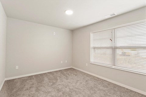 a bedroom with a large window and a carpeted floor