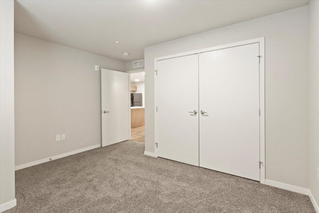 a bedroom with two closets and a carpeted floor