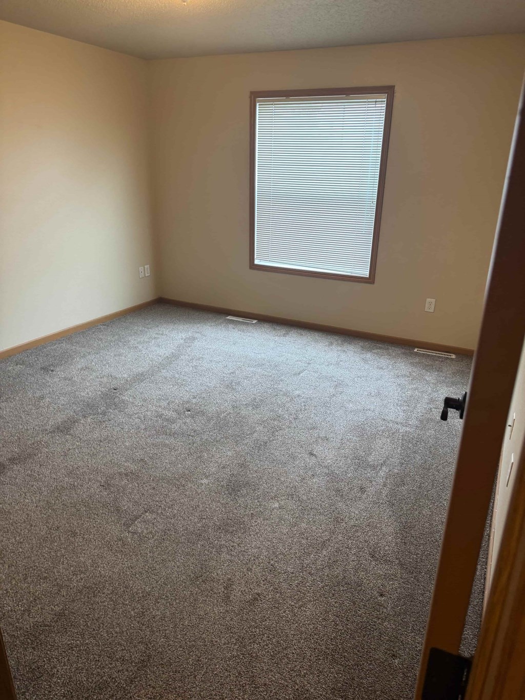 A room with a carpeted floor and a window with blinds.