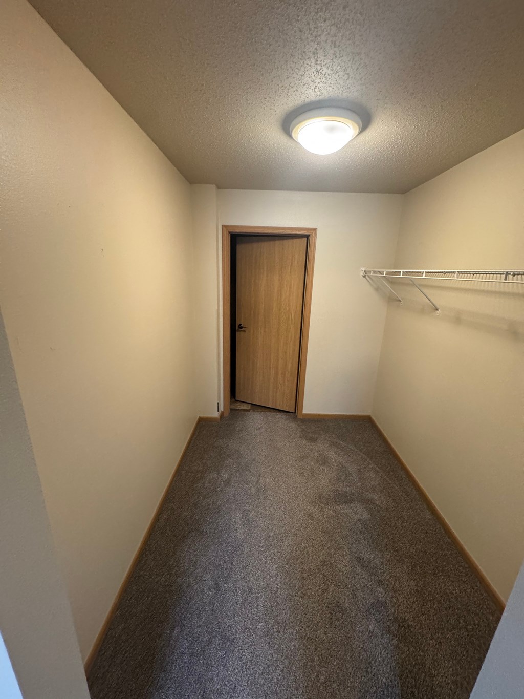 A hallway with a door and a shelf.