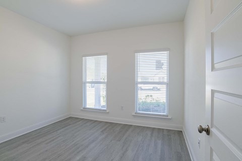 A room with a white door and two windows with blinds.