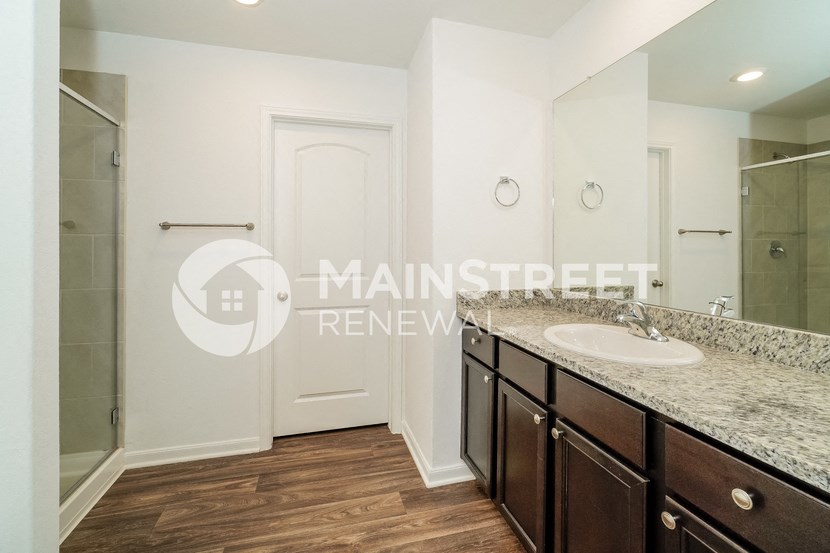 a bathroom with a sink and a mirror and a shower
