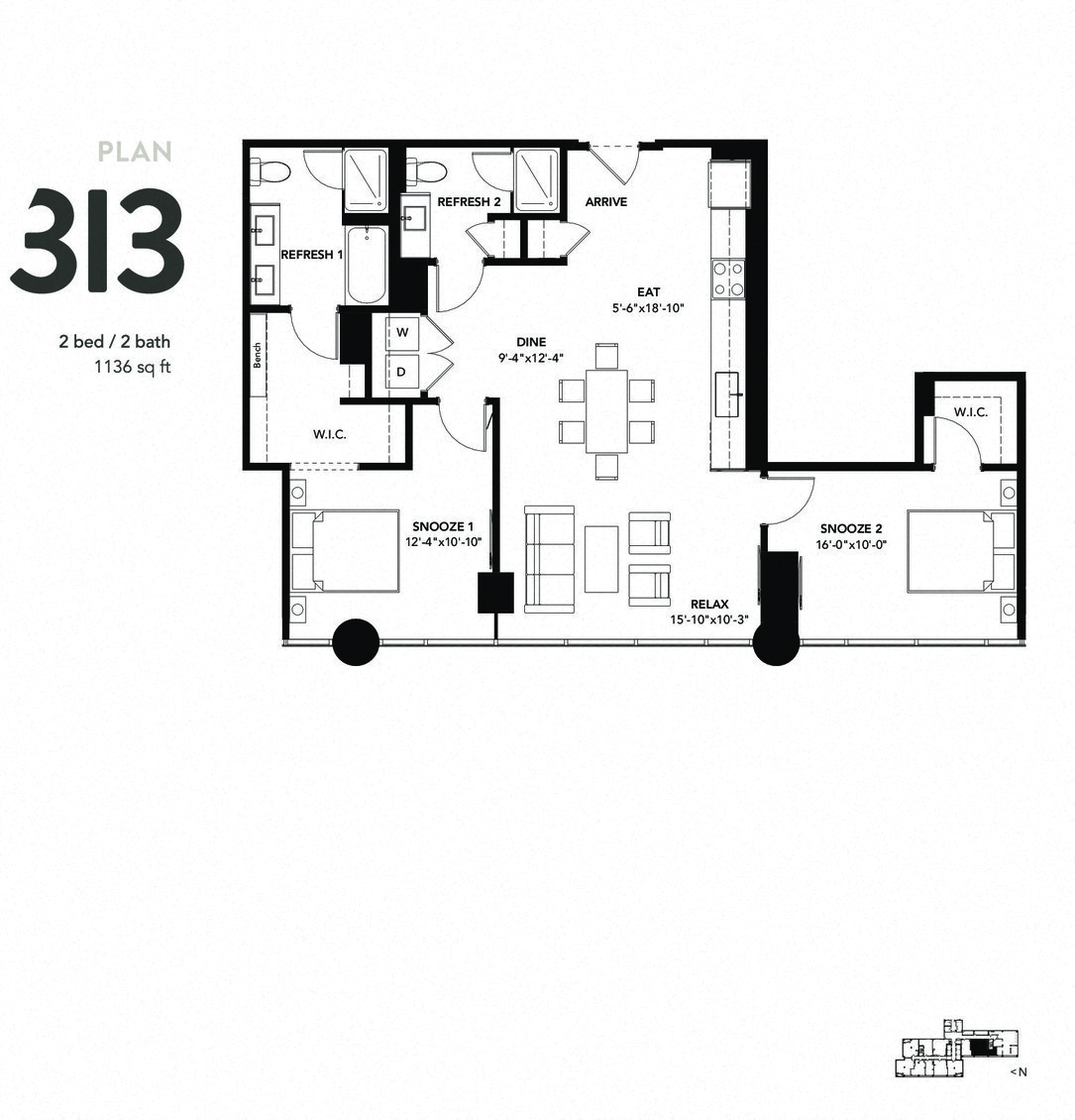 1136 Floor Plan at The Elle Apartments, Chicago, IL