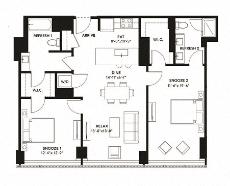 1180 Floor Plan at The Elle Apartments, Chicago
