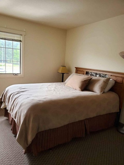 a bedroom with a bed and a window