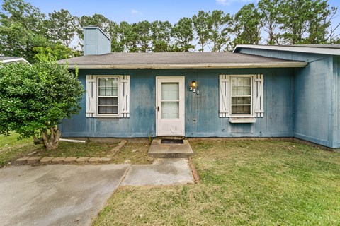 A blue house with a white door and windows.