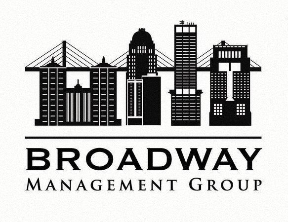 A black and white image of a city skyline with the words "Broadway Management Group" written below it.