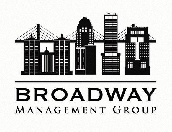 A black and white image of a city skyline with the words "Broadway Management Group" written below it.