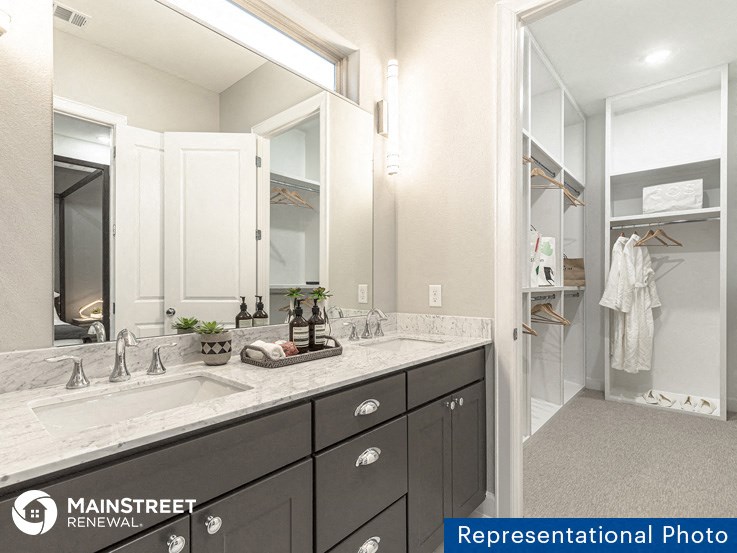 a bathroom with a sink and a mirror and a closet