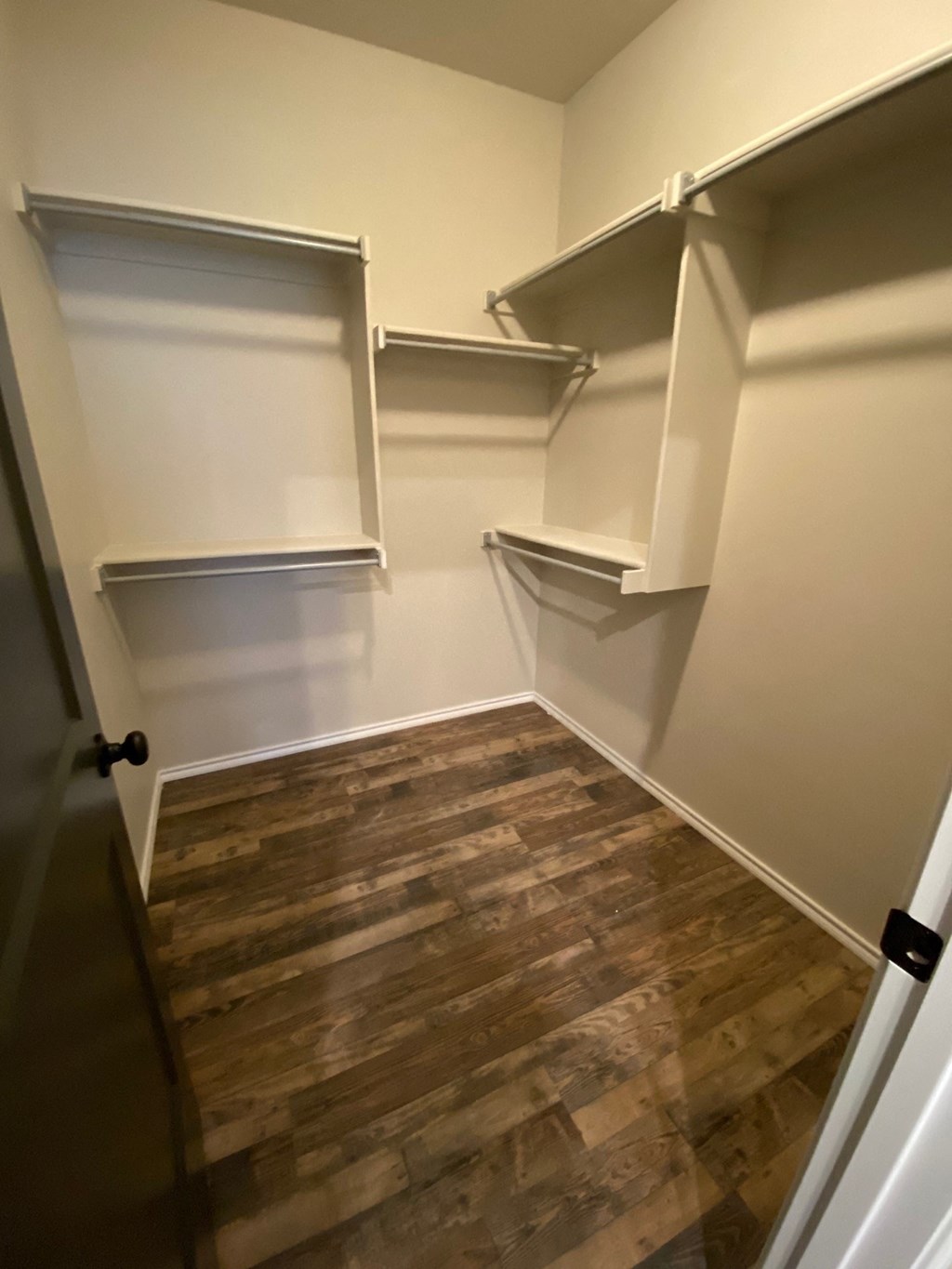 a walk in closet with shelves and a wood floor