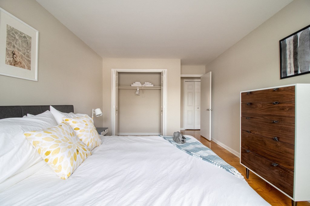 a bedroom with a bed and a dresser and a closet