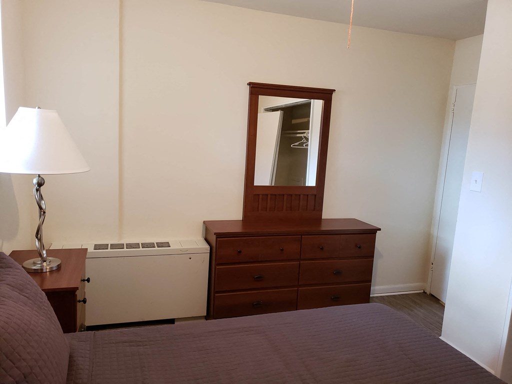 a bedroom with a dresser and a mirror