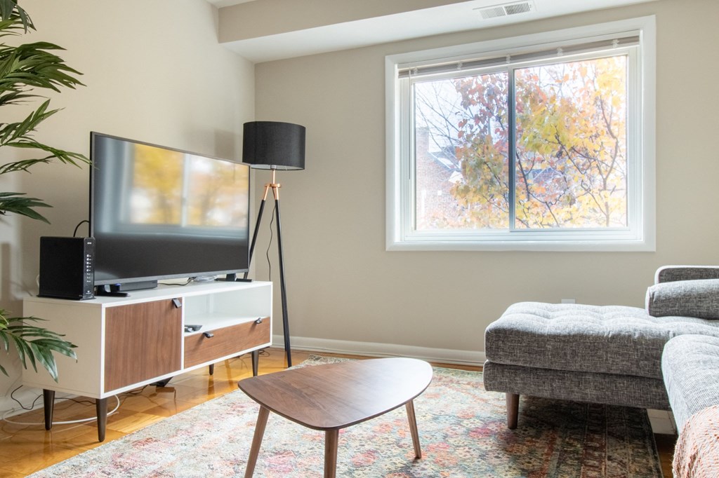 a living room with a couch and a television